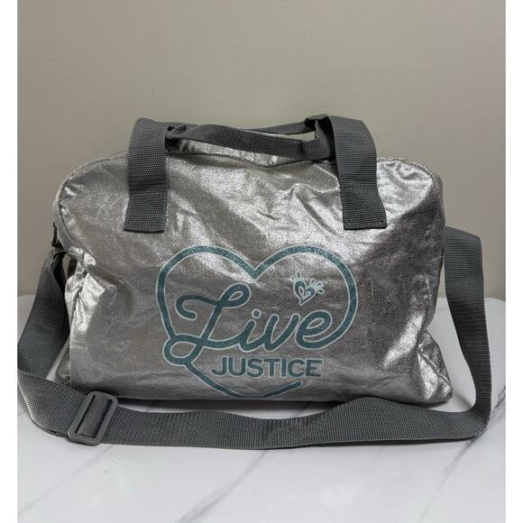 Justice Silver Metallic Duffel Bag "Live Justice" Heart Logo Gym Dance Bag Tween - Picture 1 of 8